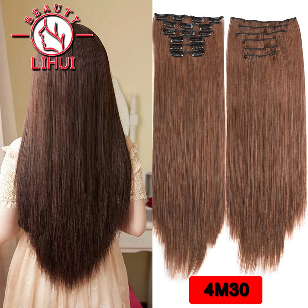 Long Straight Natural Black 16 Clip In Hair Extension 6 Pcs/Set 16 Clips 22 Inch Synthetic Hair Piece For Women 140G Lihui