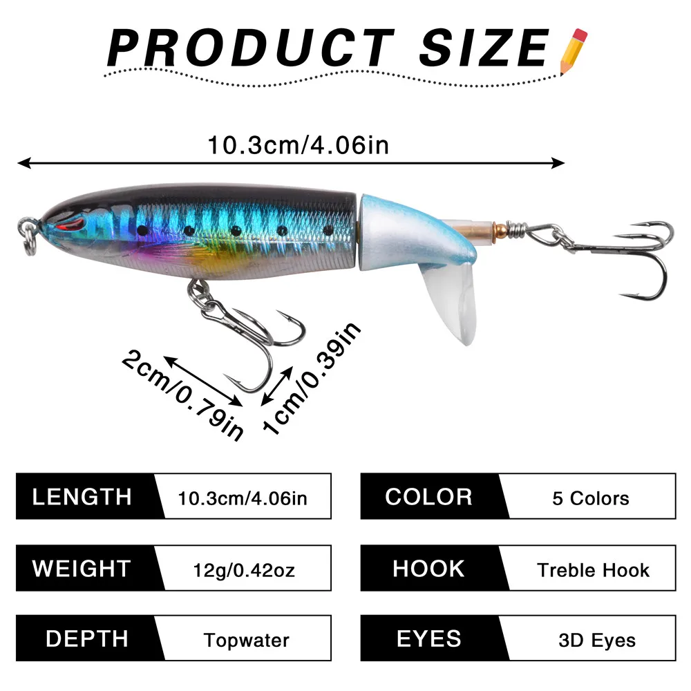 10Pcs/5Pcs Topwater Float Bass Fishing Lure 12g 16g Artificial Hard Bait Floating Rotating Tail Fishing bait 3D Eyes