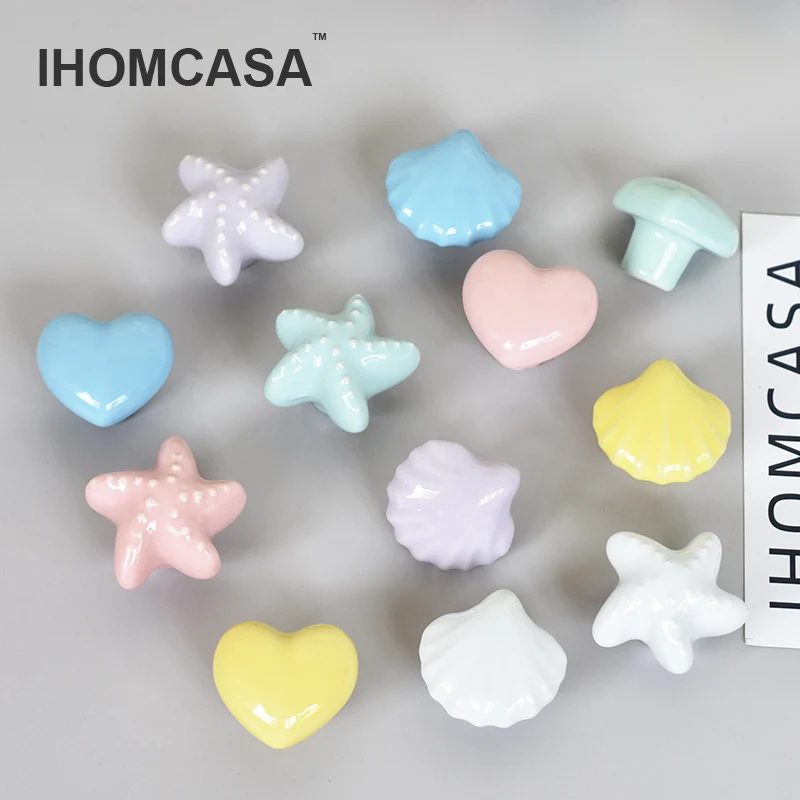 IHOMCASA Ceramic Knob Heart Seastar Shell Room Furniture Hardware Cabinet Handles Kitchen Wardrobe Bookcase Drawer Pull
