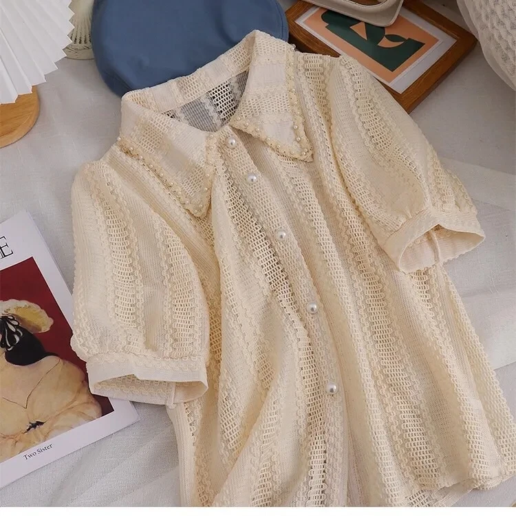 Autumn New 2024 Fashion Women Long Sleeves Peter Pan Collar Tops Shirts Female Elegant Lace Office Ladies Hollow Out Blouses S97