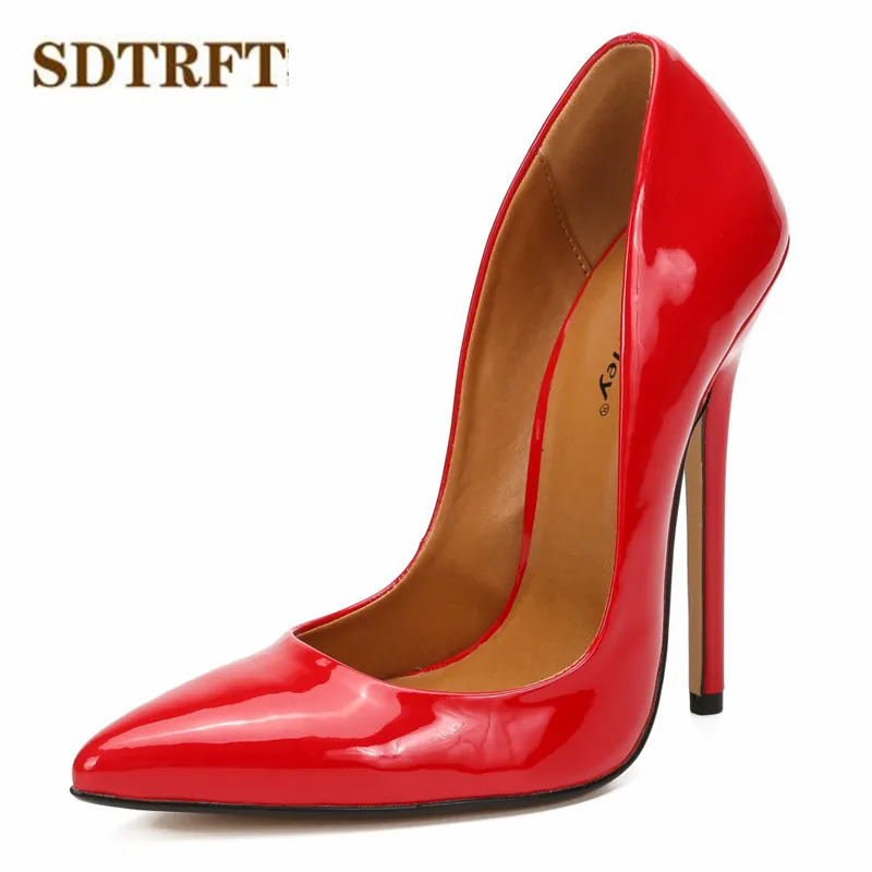 SDTRFT Shallow Mouth Stilettos RED Patent Leather Shoes Woman Pointed Toe 15cm Thin High Heels Wedding Pumps Crossdresser Mujer