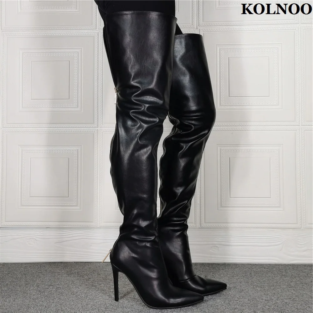 

Kolnoo New Large Size Women Stiletto High Heel Over Knee Boots Faux Leather Pointy Sexy Thigh-High Boots Evening Fashion Shoes