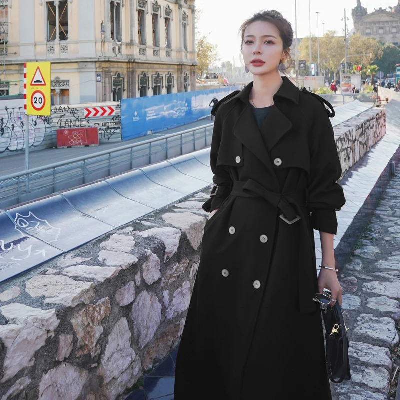 

Brand Pop Fashion Long Double Breasted Women Trench Coats with Belt Lady Duster Coat Female Cloak Outerwear Black Blue Burgundy