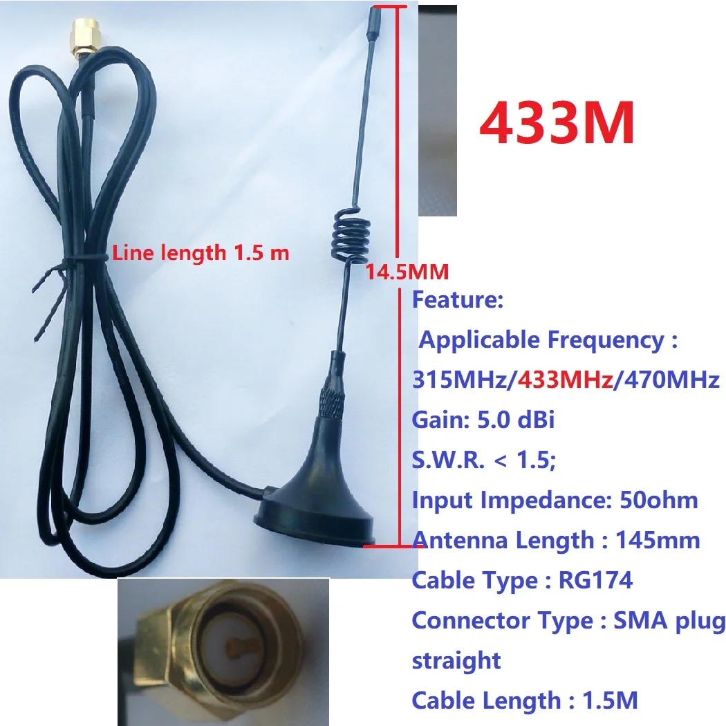 TB451 TB450  DC 5 DBI 433M 868M Sucker Antenna  50ohm RG174 SMA Plug Straight For RT18A01 DTU RS485 Wireless Transceiver