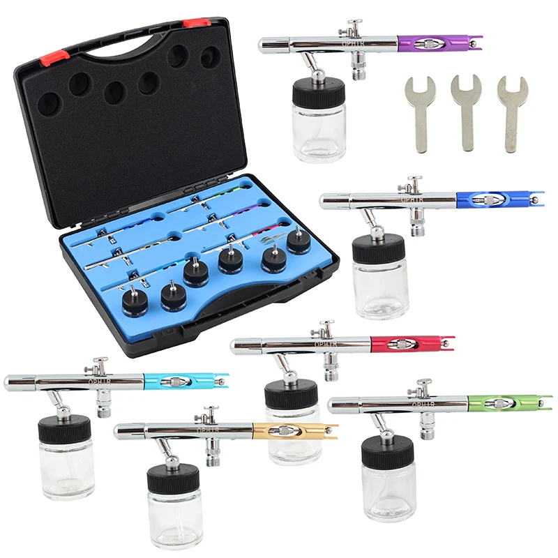 2017 OPHIR New 6 PCS of Different Colour Dual Action Airbrush Set Kit with 0.35mm Nozzle for Model Painting Body Painting_AC047