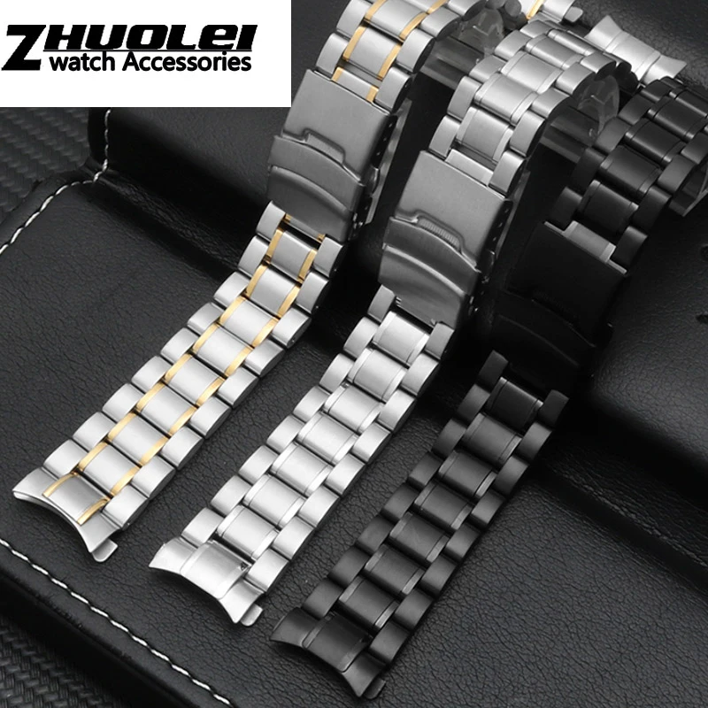 Curved end Stainless Steel watchband For all brand wristband 18mm 20mm 22mm 24mm waterproof men\'s  black silver straps