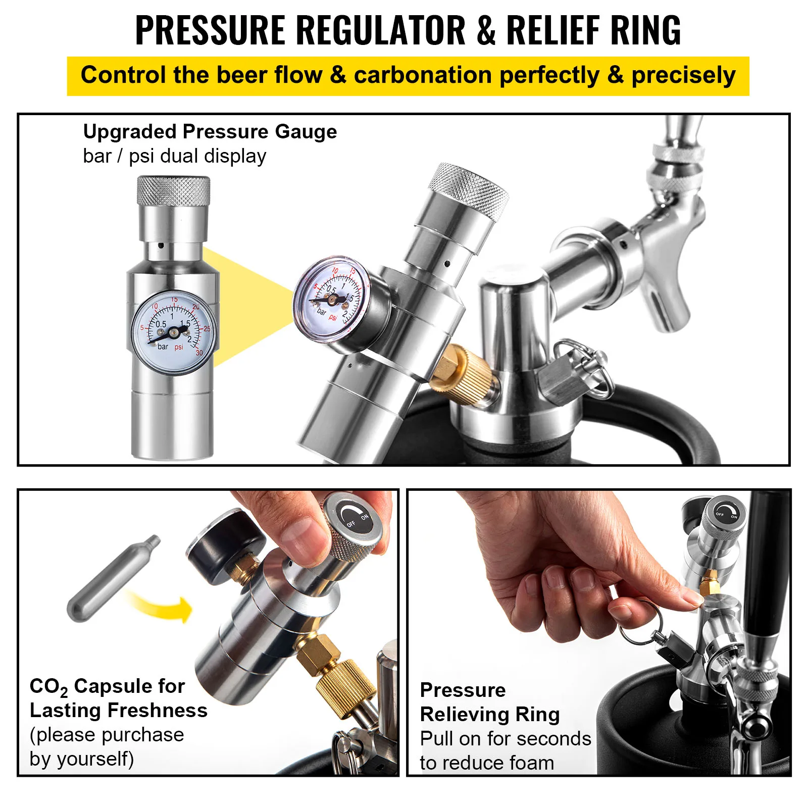 VEVOR 가압 케그 시스템 미니 그라울러, 스테인레스 스틸 조절식 수도꼭지 조절기, 휴대용 생맥주 디스펜서, 3.6 L, 4 L, 5 L, 8L