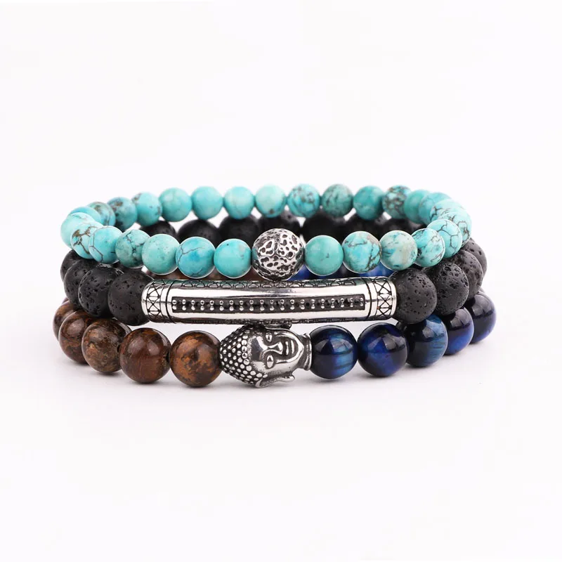 New Fashion Men Jewelry Vintage Stainless Steel Buddha Ball Charms Natural Stone Bead Bracelet