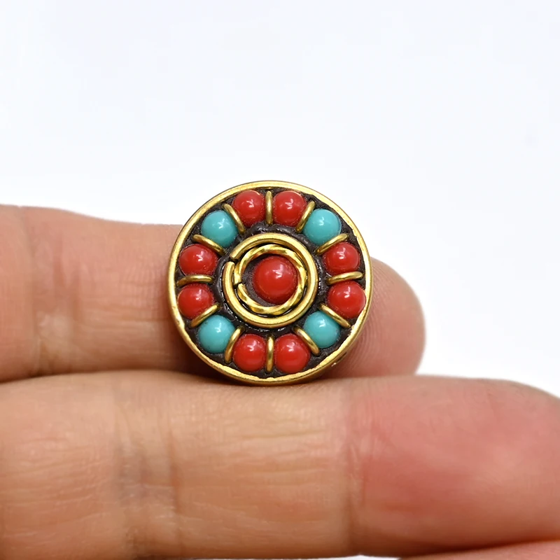 TZ001 Nepal Beads Handmade Tibetan Style Bead, Brass with Synthetic Coral Turkey stone Six-word Mantra Beads For Jewelry Making