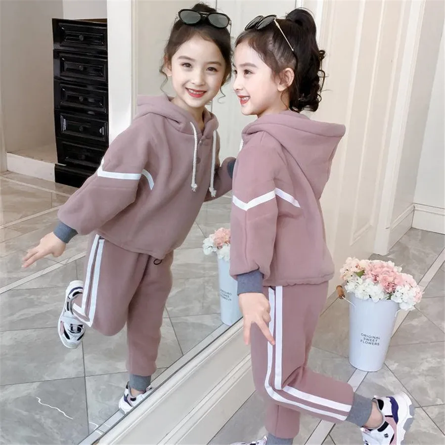 2024 autumn teenager winter kids baby Girls Tracksuit striped thick hoodied tops + sport pants Child 4 5 6 7 8 9 10 11 12 years