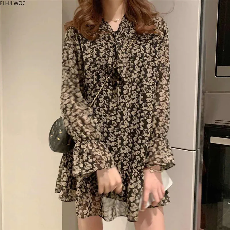 Hot New Design Cute Girls Women Flare Sleeve Casual Loose Mini Bow Tie Floral Printed Retro Vintage Chiffon Sweet Dress O1977