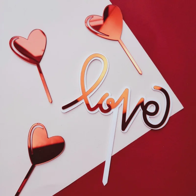 New Acrylic Hand Writing LoveWedding Cake Topper Gold Valentine's Day Cupcake Toppers for Valentine's Day Party Cake Decoration