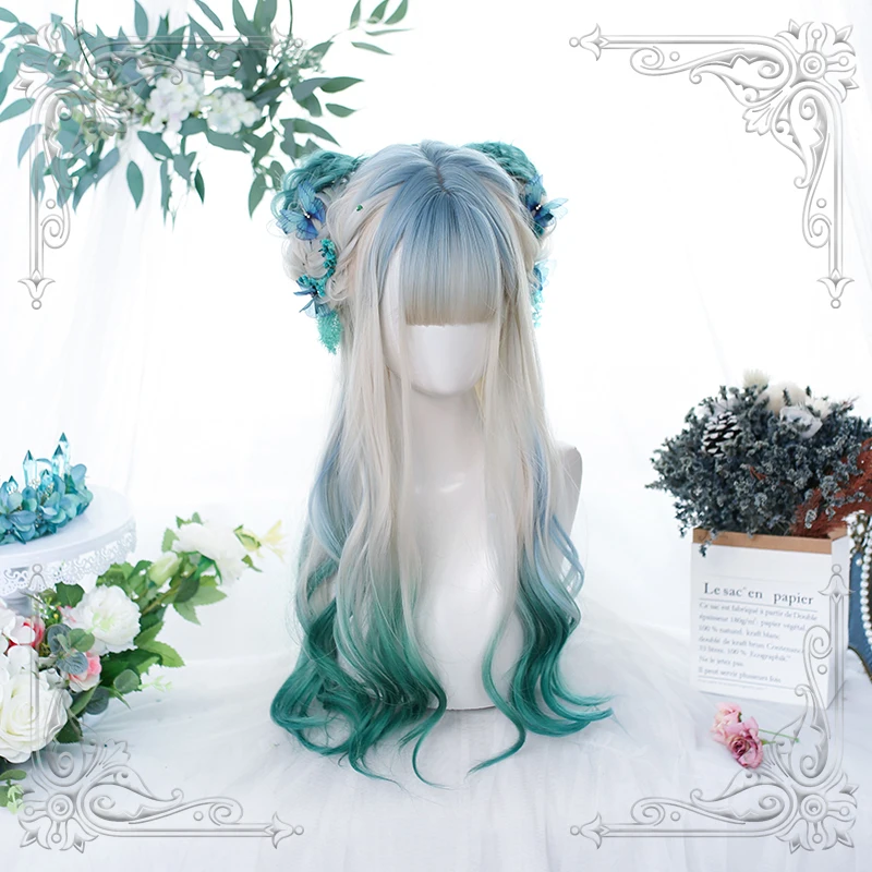 Lolita Female Long Wavy White Green Blue Multicolor Gradual Change Bangs Wig Women Wigs Cosplay Party