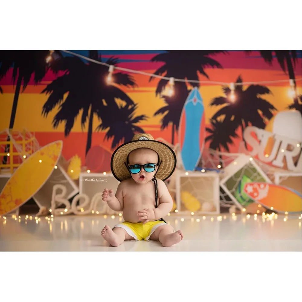 Beach Themed Birthday Cake Smash Background Sea Sunset Newborn Children Portrait Backdrop Summer Palm Trees Surfing Photography