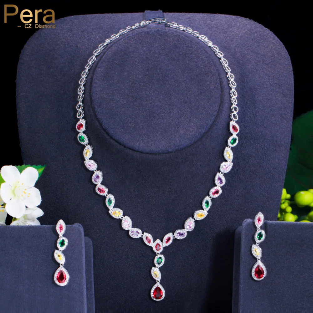 Pera Noticeable Multicolor Cubic Zirconia Long Water Drop Earrings Necklace Sets Wedding Bridal Dress Jewelry Accessories J457