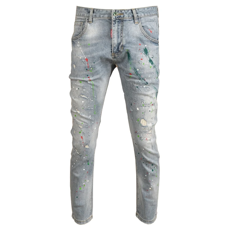 Men's Ripped Light Blue Jeans Summer Fashion Painting Printed Slim Fit Pants Streetwear Casual Patches Denim Trousers