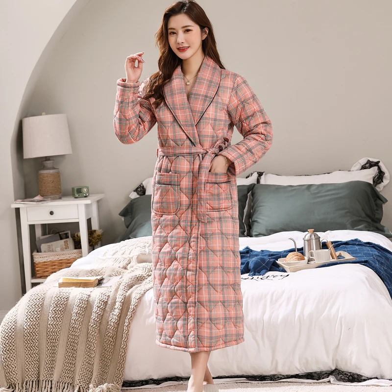 Women Plaid Print Bath Robe 3 Layers Quilted Sleepwear Autumn Winter Cotton Bathrobe Thicken Warm Female Robe Nightgown M-3XL