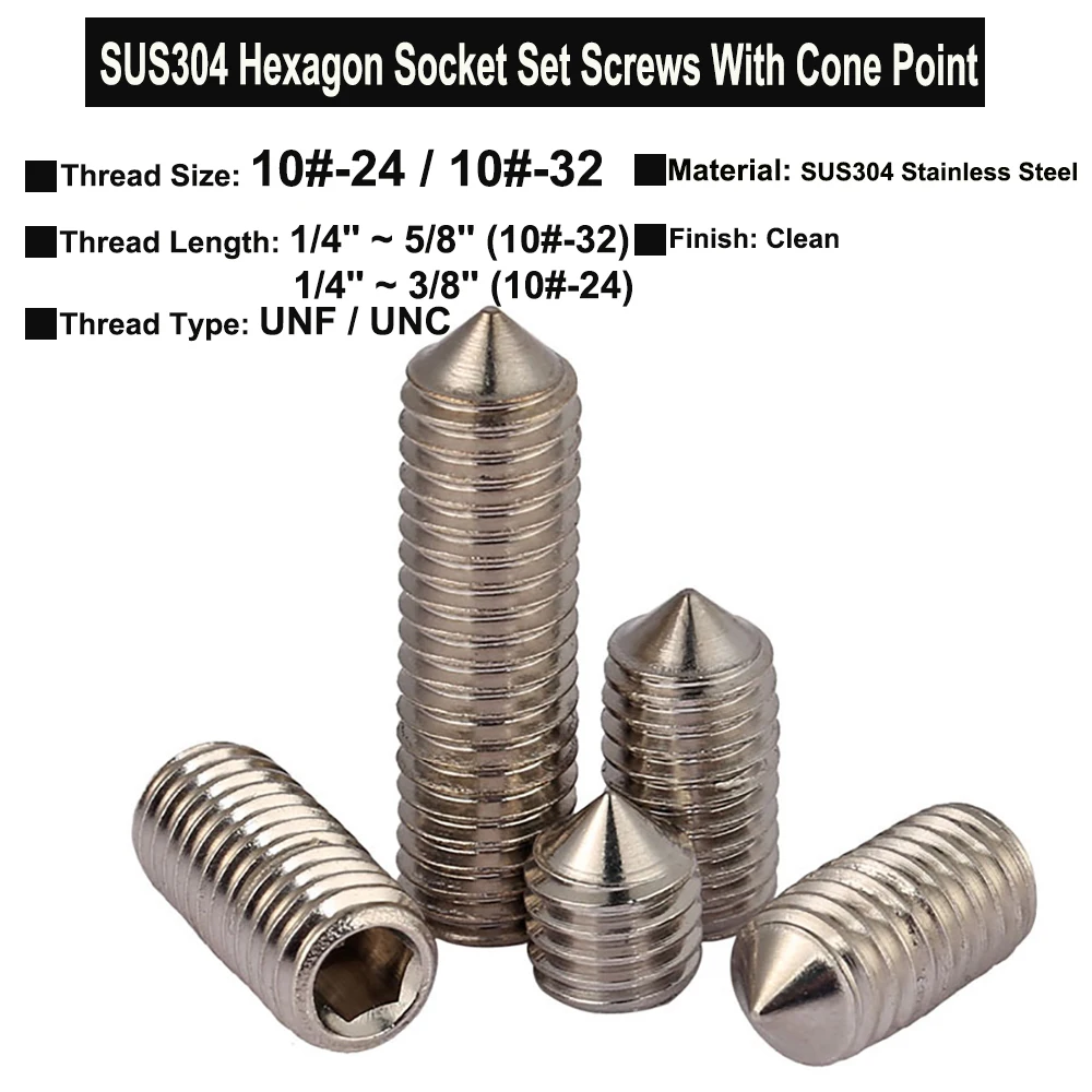 Yiqianyuan Stainless Steel Hex Socket Set Screws 10#-32/10#-24 UNF UNC DIN914 SUS304 Cone Point Headless Grub Screws