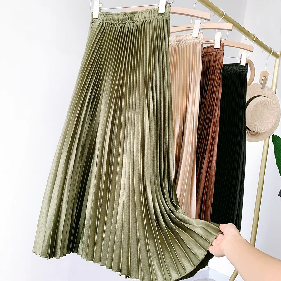 Black Satin Midi Skirt 2021 Summer Women Fashion Elastic High Waist Metallic Pleated Skirt Lady Vintage Loose A Line Long Skirts