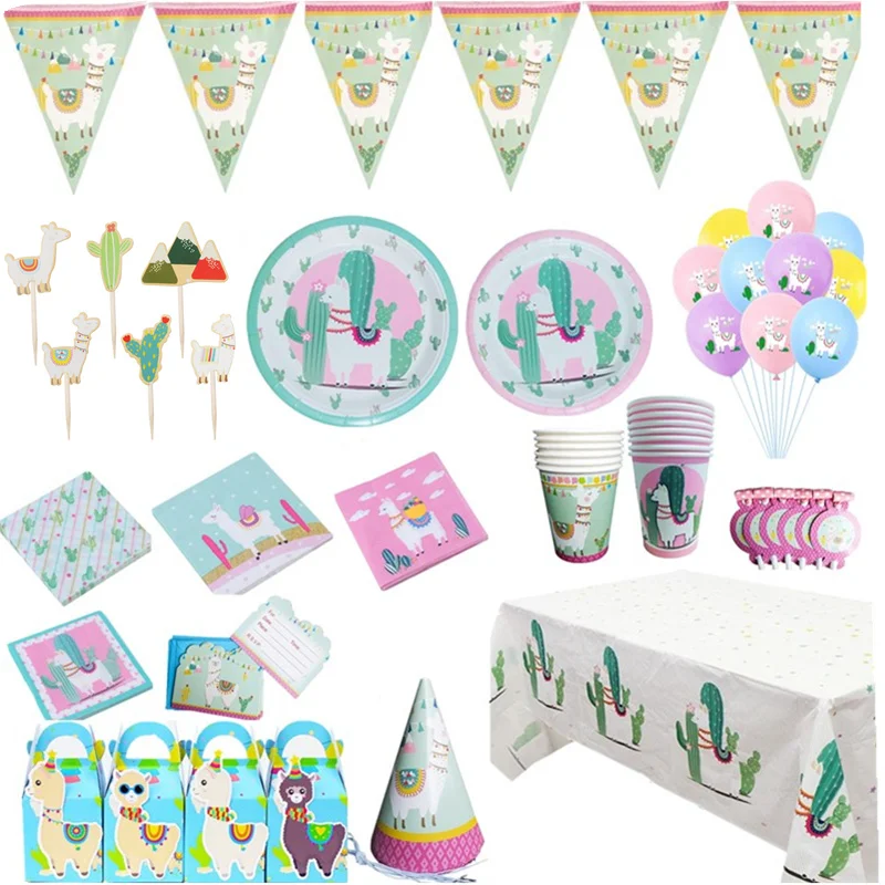 Pink Alpaca Cactus Theme Llama Party Decoration Paper Cup Plate Bag Background Baby Shower Balloons Kids Birthday Party Supplies