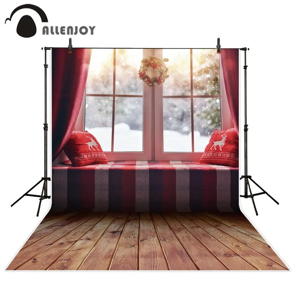 Allenjoy Christmas Round Backdrops Banners Window Wooden Floor Snowflake Winter Wreath Indoor Background For Photography Studio