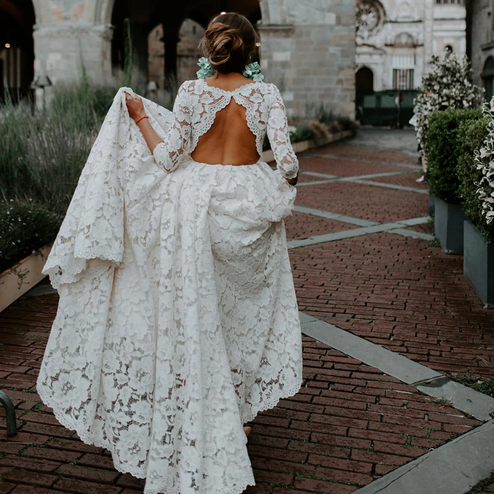 Robe de mariée élégante en dentelle, manches 3/4, dos troué, sur mesure, ligne A, col bateau, ceinture ivoire, pour la photographie, 2021