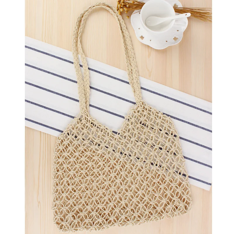 Bolsa de mão vazada 35x35cm, bolsa de mão feminina estilo natural folha embalada à mão corda de papel bolsa de rede a7