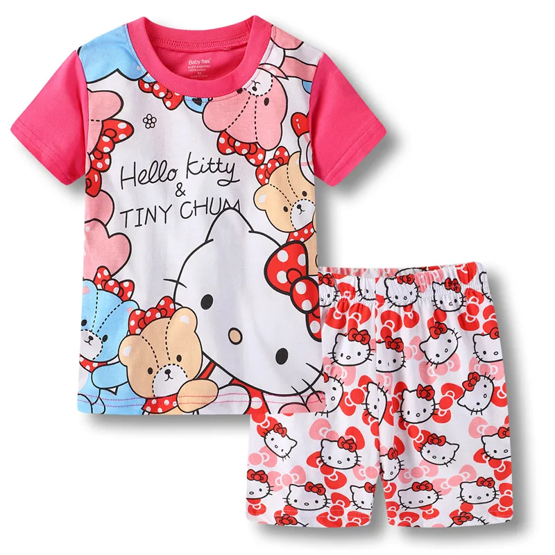 Hello Kitty Cartoon Pure Cotton Short-sleeved Suit Girls Pajamas T-shirt + Five-point Pants Home Service Children's Clothing