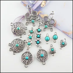 Fashion New Turquoise Stone Connectors Charms Flower Heart Tibetan Silver Plated Pendants Retro HCJBAB