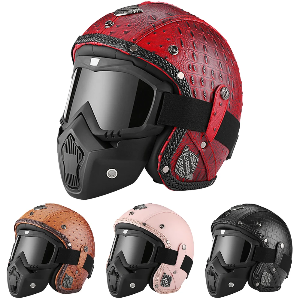 

German Vintage PU Leather Jet Helmet DOT approved Chopper Bobber Cafe Racer Motocross Scooter Capacete With Goggle Moto Casco