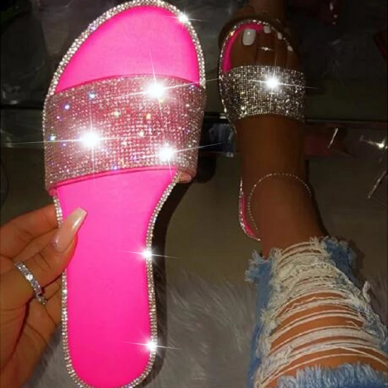 Glitter Slippers Women Summer Sandals 2021 Fashion Bling Female Candy Color Flip Flops Beach Diamond Flat Shoes Outdoor Sandals