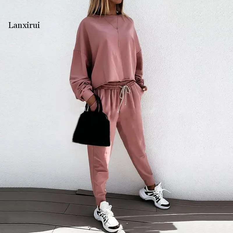 Womens Two Piece Casual Clothes Fashion Solid Long Sleeve Top High Waist Lace up Trousers set for dailywear tracksuit