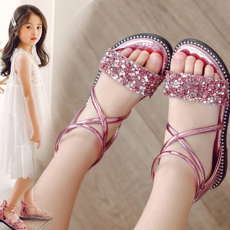 Sequin Summer Sandals for Girls Gold Birthday Party Shoes Kids Princess Shiny Zipper Sandals Flower Girls Gladiator Boho 4 years