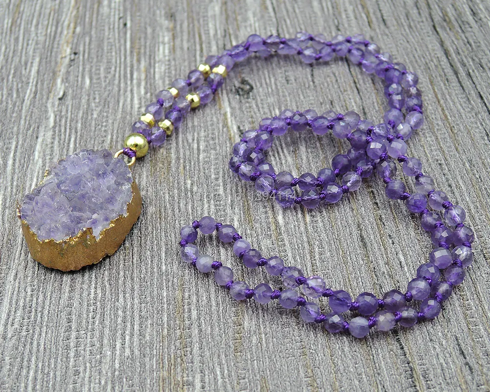 Natural Amethyst Druzy Oval Pendant Neckalce 4mm Faceted Round Beads Knot Handmade