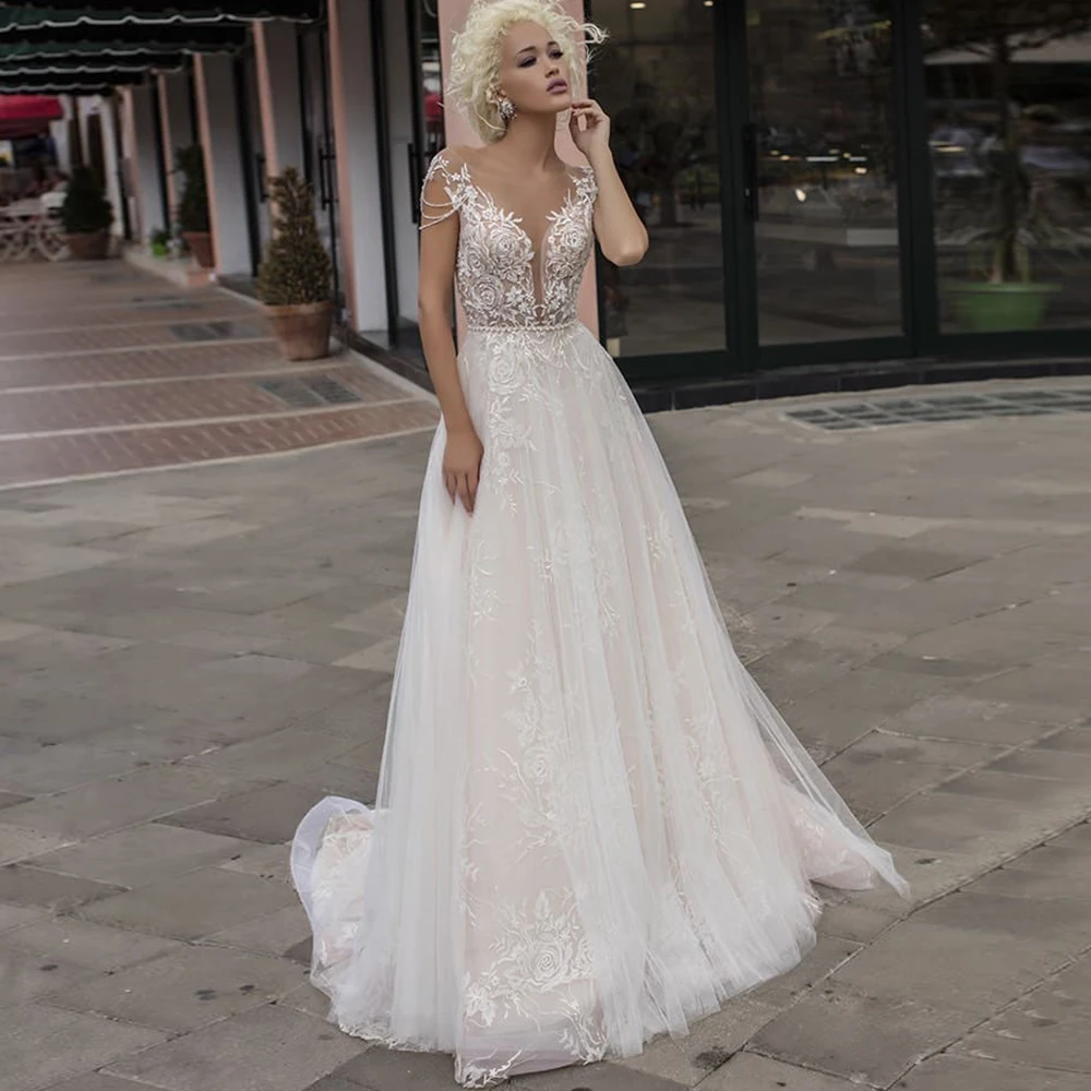 

Customized Exquisite A-Line Wedding Dress Court Train Appliques Illusion Scoop Off The Shoulder Lace Cap Sleeve Bridal Gowns Rob