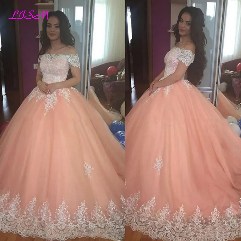 Dulce 16 vestidos de quinceañera fuera del hombro, apliques de encaje, corsé hinchado en la espalda, vestido de Baile de Princesa para niñas de 15 años, vestidos de fiesta de graduación