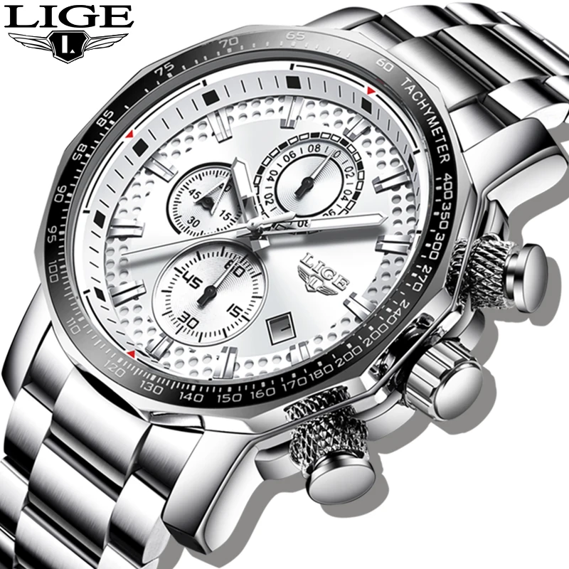 LIGE – montre à grand cadran en argent pour hommes, Sport, horloge à Quartz, mode hommes, Top marque de luxe, homme militaire, étanche, chronographe