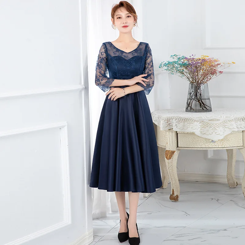 

Evening Dress 2021 New Fashion Women Banquet Party Dress Illusion O-neck Half Sleeve Formal Dresses Tea-length Robe De Soiree