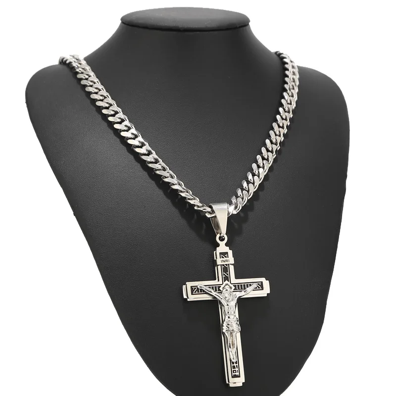 Stainless Steel Crucifix Jesus Cross Necklace Pendant Multilayer Jesus Christ Crucifix Necklaces with 24'' Chain Top Quality