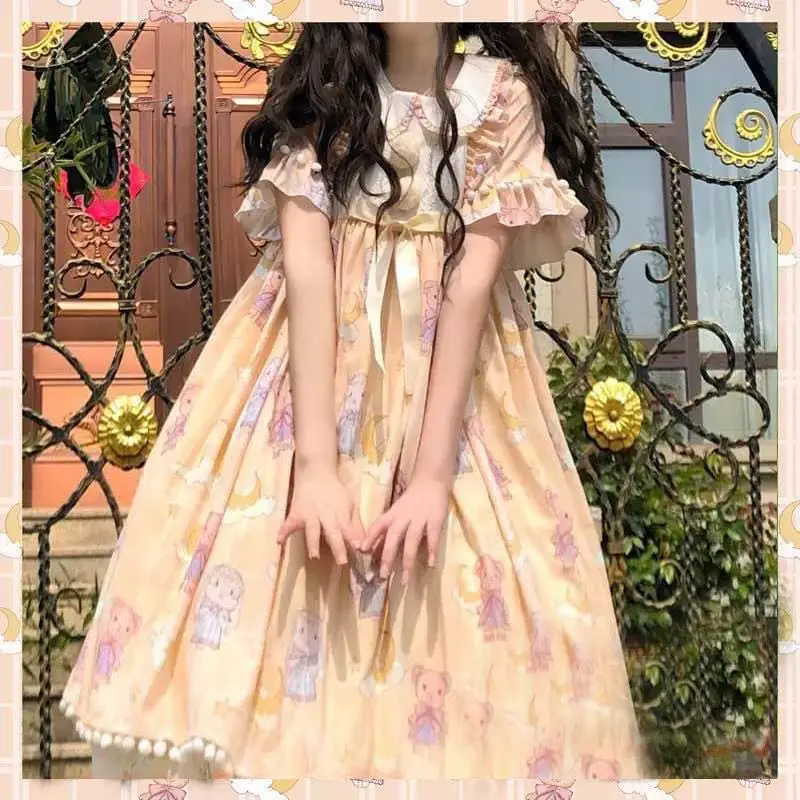 Lolita dress vintage lace bowknot peter pan collar high waist victorian strawberry dress kawaii girl gothic lolita op loli