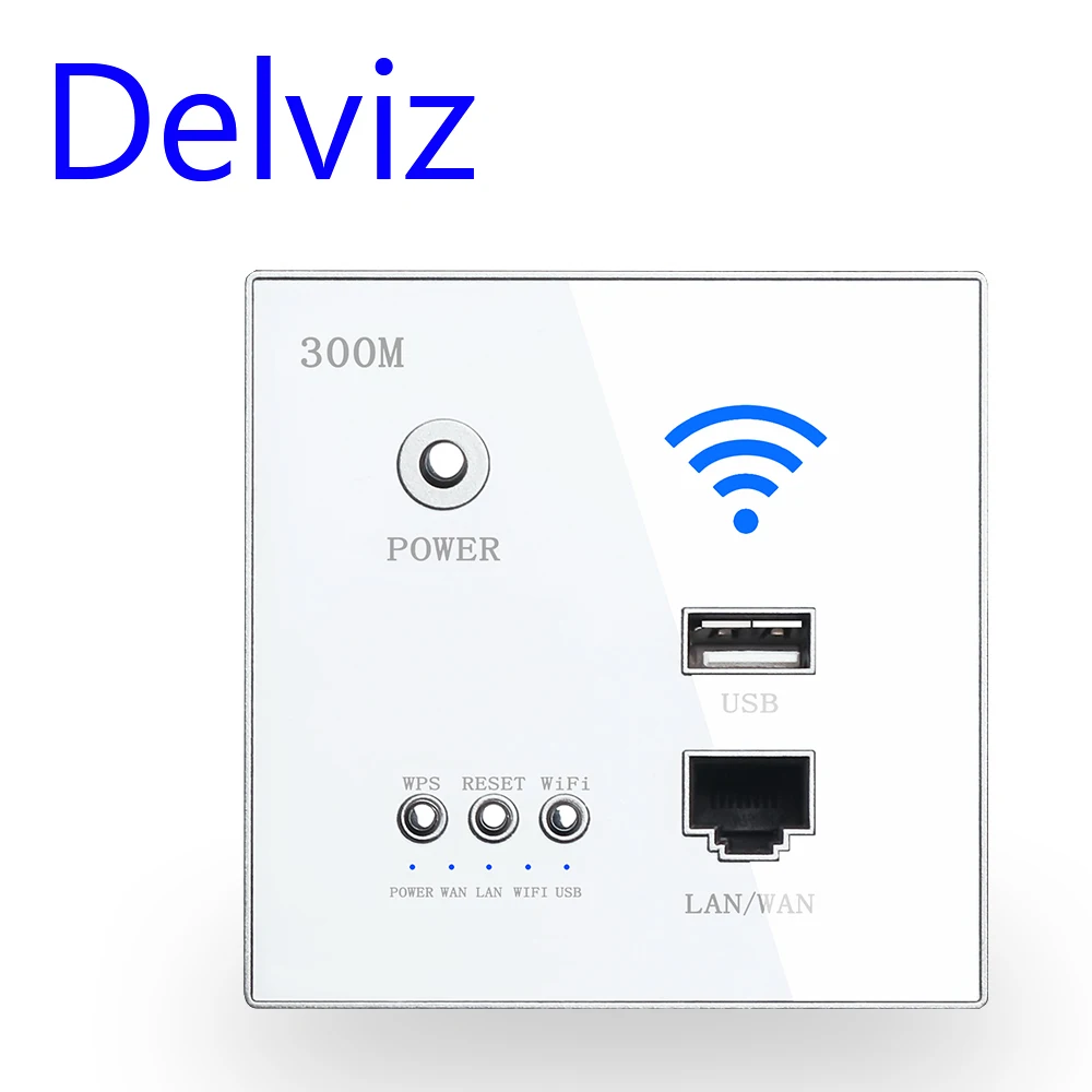 Delviz Draadloze Wifi Socket Rj45, Ap Relais Smart Usb Socket, Crystal Glass Panel, 220V Power, 300Mbps Embedded Muur Wifi Router