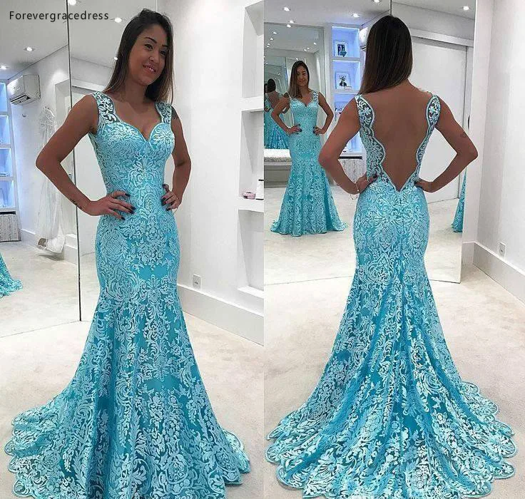 2019 ราคาถูก Backless Blue Lace ชุด Mermaid V คออย่างเป็นทางการวันหยุดสวมชุดพรรค Custom Made Plus ขนาด