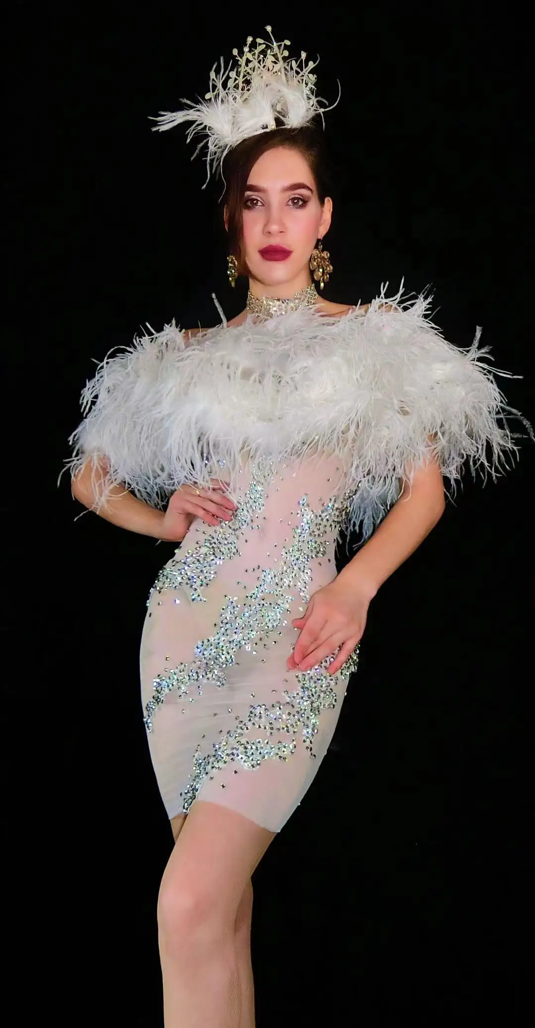 Perspective White Feather Dresses sparkly sexy women stage show costume dj gogo singer party dress