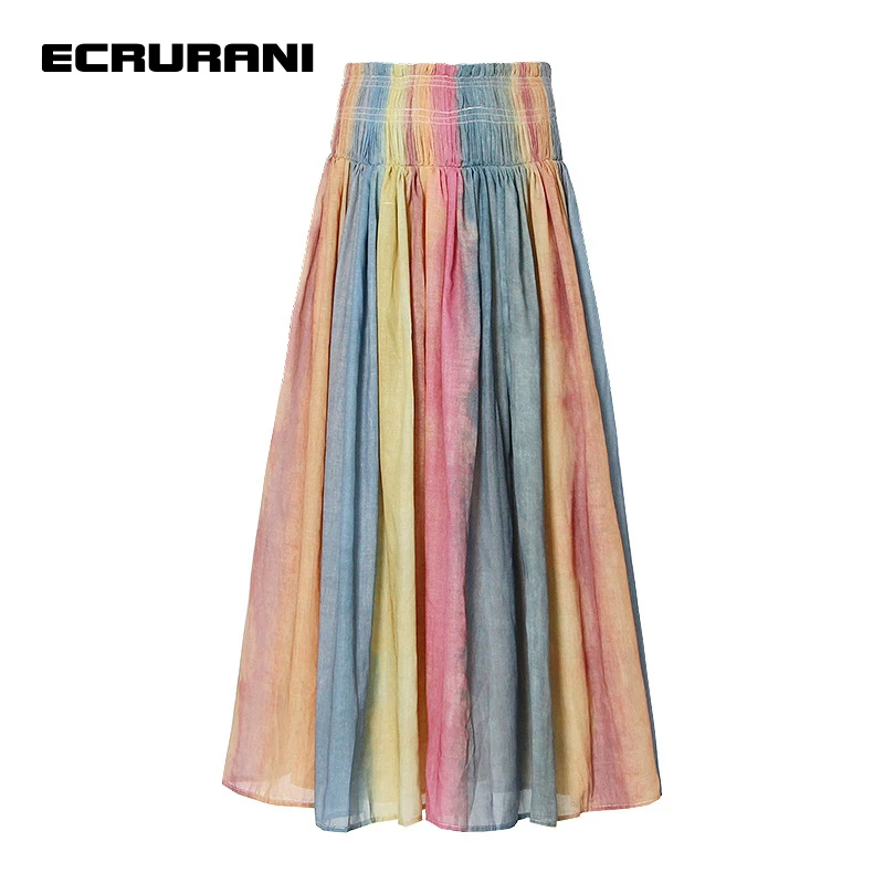 

ECRURANI Hit Color Vintage Skirt For Women High Waist Lace Up Patchwork Colorful Loose Midi Skirts Females 2021 Fashion Clothing