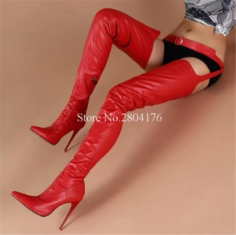 Women Sexy Pointed Toe Over Knee Waist Belts Pants Boots Red Black Buckles Thigh High Heel Long Boots Evening Club Shoes