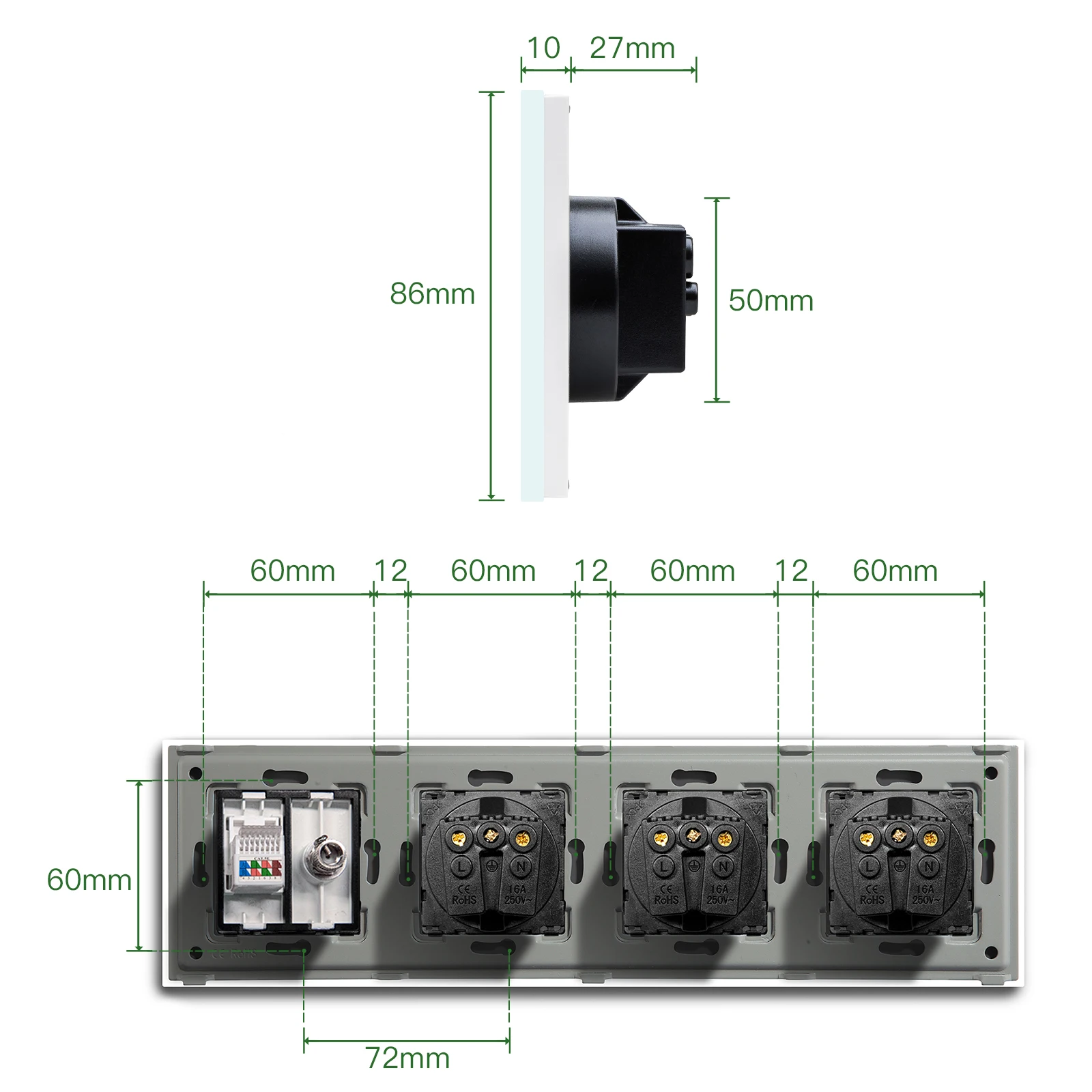 BSEED Triple European Wall Socket With TV PC Outlet Computer RJ45 Network Jack Television Power Outlet Crystal Glass Panel