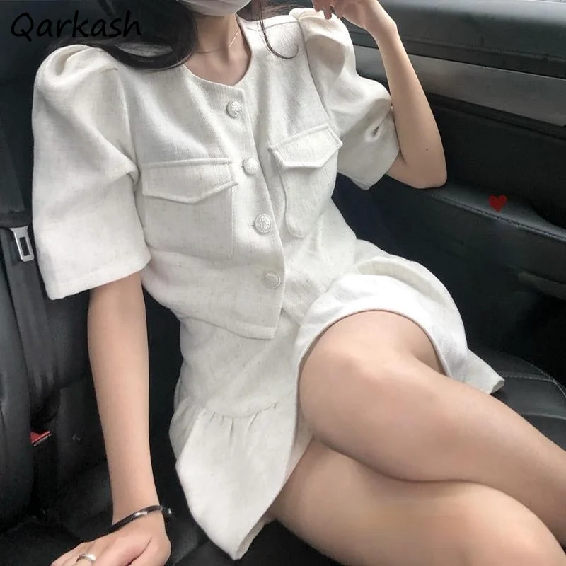 

Women Sets Short Sleeve Cropped Tops Mini Skirts White Fairy Temperament Office Lady Chic All-match Korean Fashion Streetwear