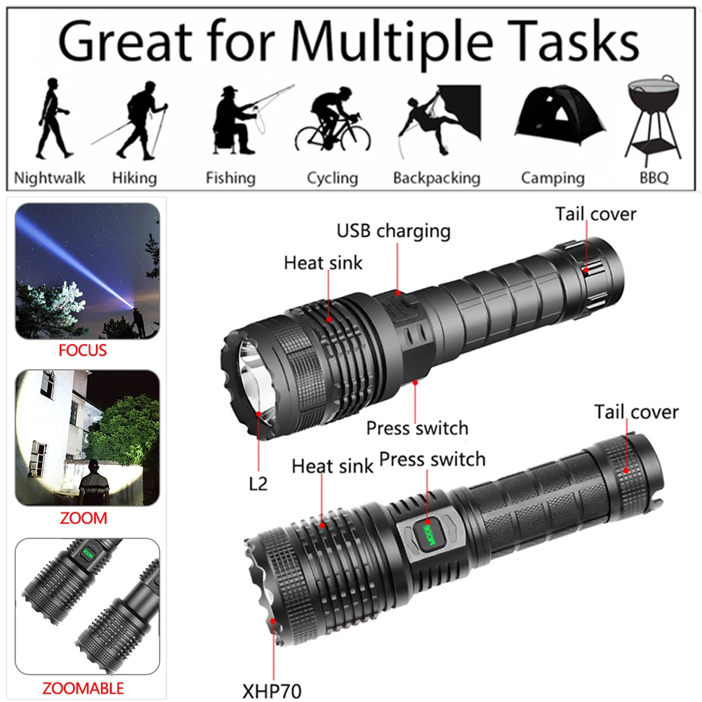 Lamp xhp70.2 most powerful flashlight usb Zoom led torch xhp70 l2 18650 battery Best Camping, fishing Outdoor