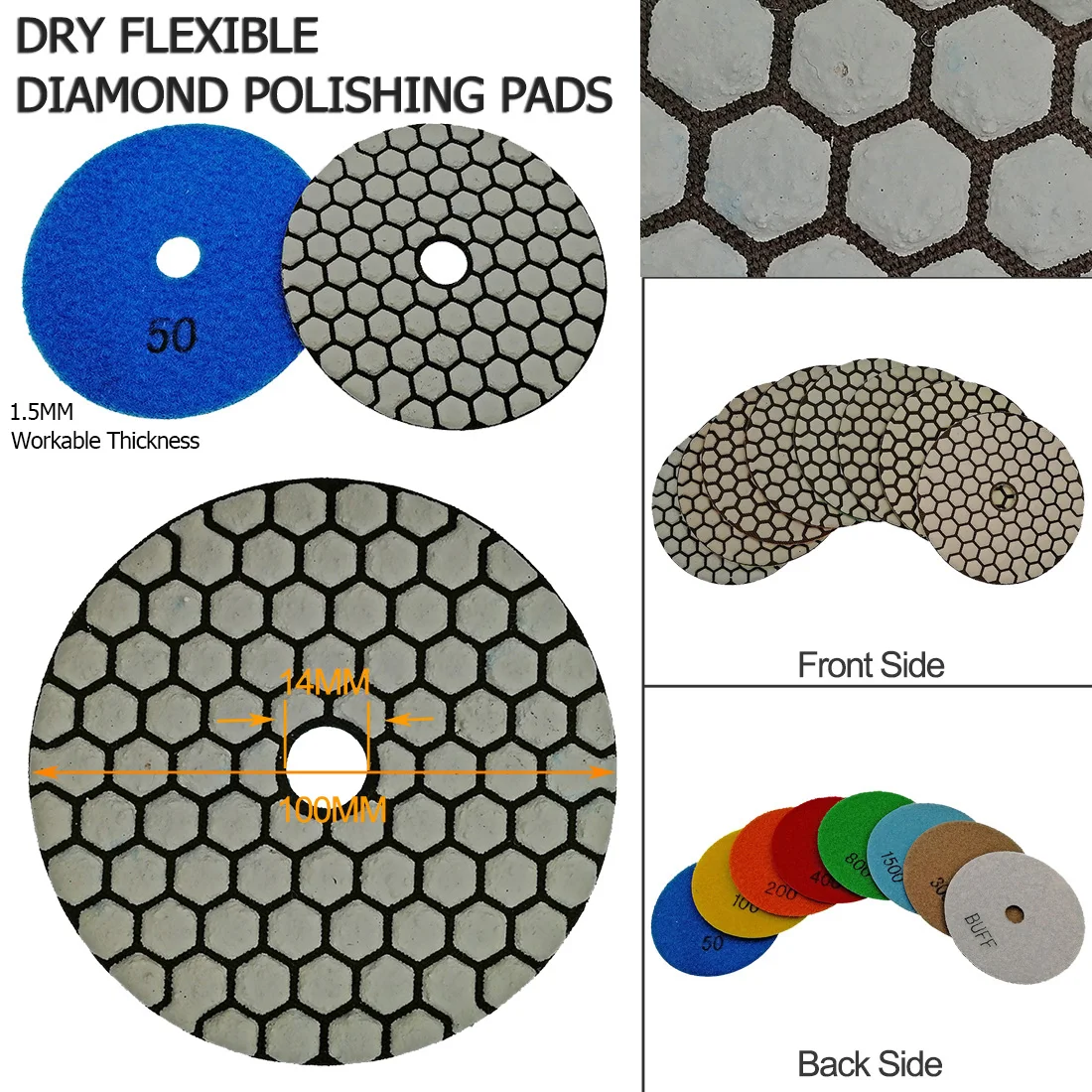 SHDIATOOL 7pcs 4inches #50 B dry Diamond polishing pads diameter 100MM Resin bond diamond flexible grinding disc