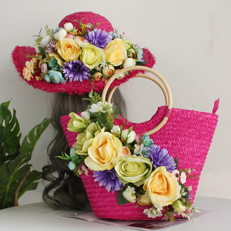 Bohemia Women Flower Beach Bag Summer  Lace Rattan Handbag and Hat Suit Multicolor Artificial Flowers Weave Straw Casual Tote